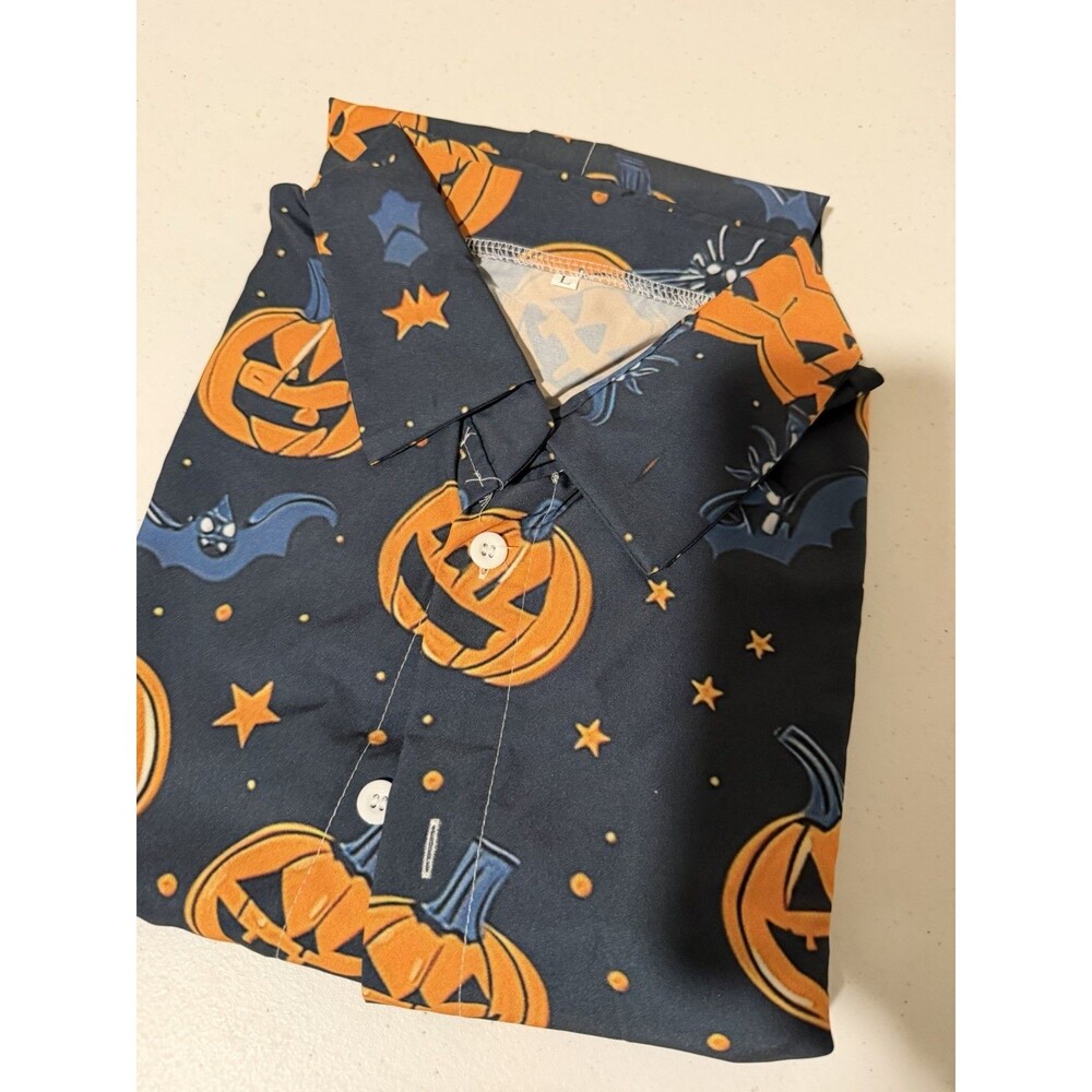 Temu Halloween Shirt Mens Large Pumpkin Bat Spider Long Sleeve Button Up